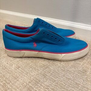 Vtg Polo Ralph Lauren Mens Blue Pink Canvas Slip On Sneakers 90s Preppy Sz 10